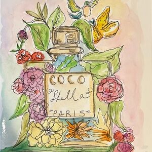 Paris Floral Art hand painted ink and watercolor
